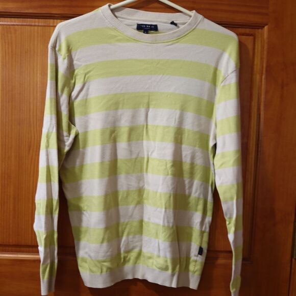 Ted Baker Men’s Preppy Yellow Gray Stripe Cotton Crewneck Sweater Medium Chic - Picture 2 of 13